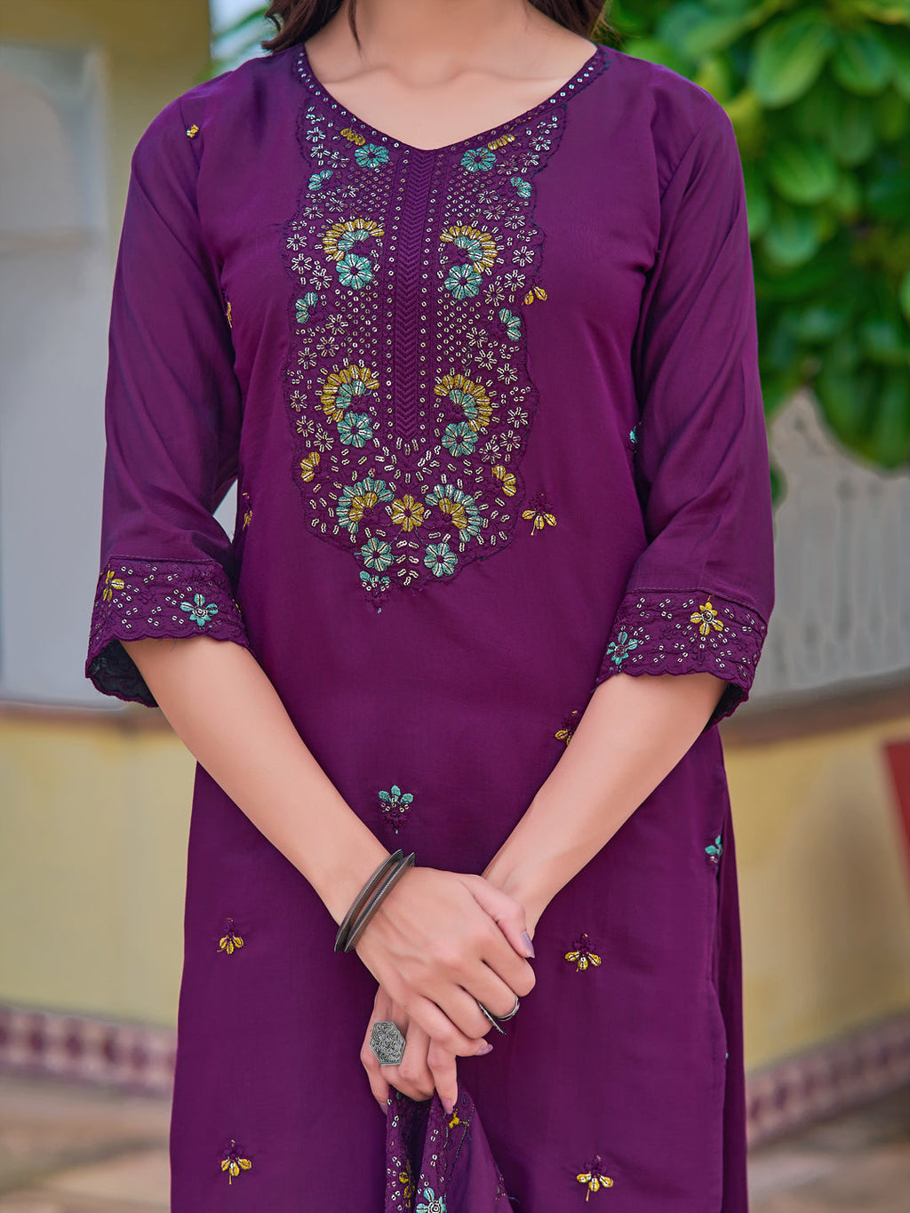Embroidered Kurta With Pant & Embroidered Dupatta, Purple - Hiral Fashion | Grocsy