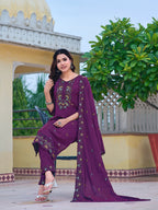 Embroidered Kurta With Pant & Embroidered Dupatta, Purple - Hiral Fashion | Grocsy