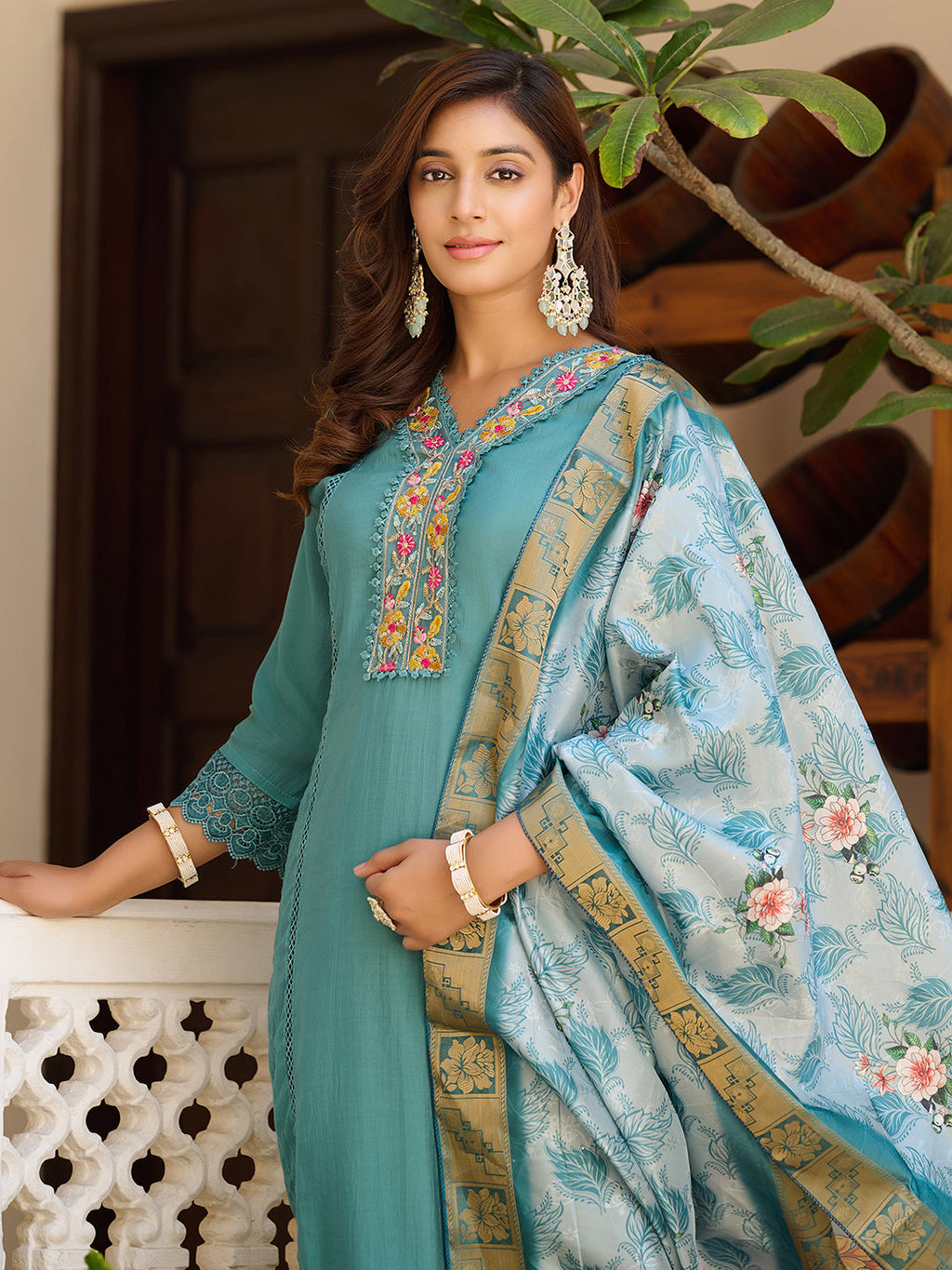 Embroidered Kurta With Pant & Embroidered Dupatta, Blue - Hiral Fashion | Grocsy