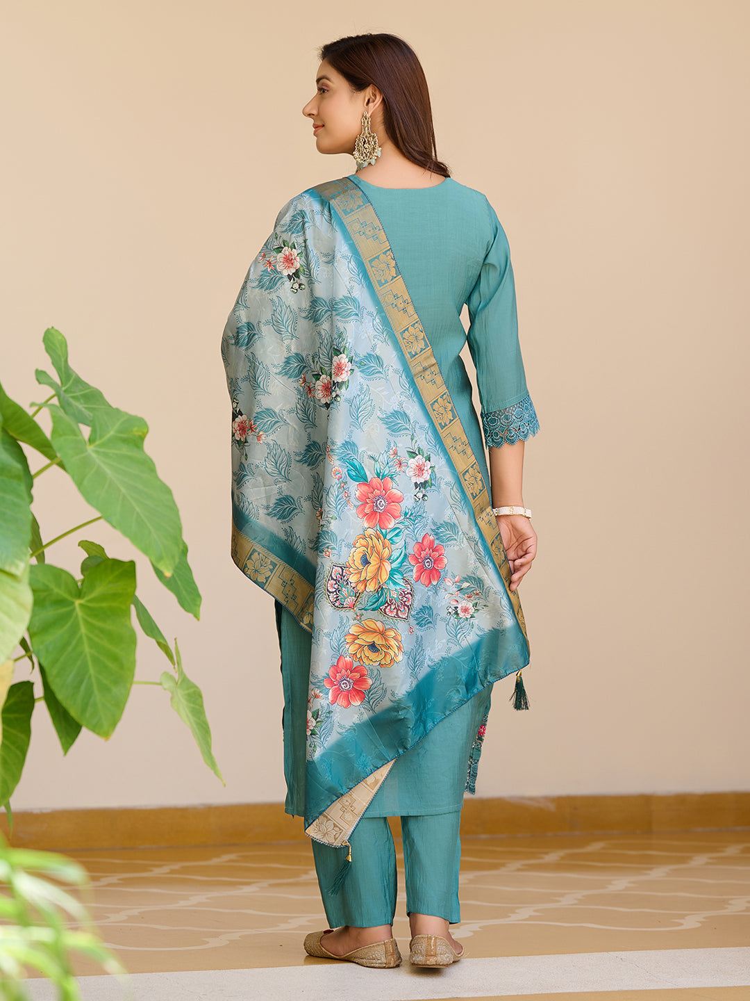 Embroidered Kurta With Pant & Embroidered Dupatta, Blue - Hiral Fashion | Grocsy