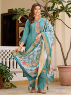 Embroidered Kurta With Pant & Embroidered Dupatta, Blue - Hiral Fashion | Grocsy