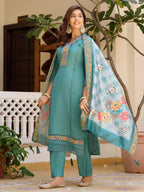 Embroidered Kurta With Pant & Embroidered Dupatta, Blue - Hiral Fashion | Grocsy