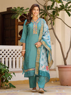 Embroidered Kurta With Pant & Embroidered Dupatta, Blue - Hiral Fashion | Grocsy