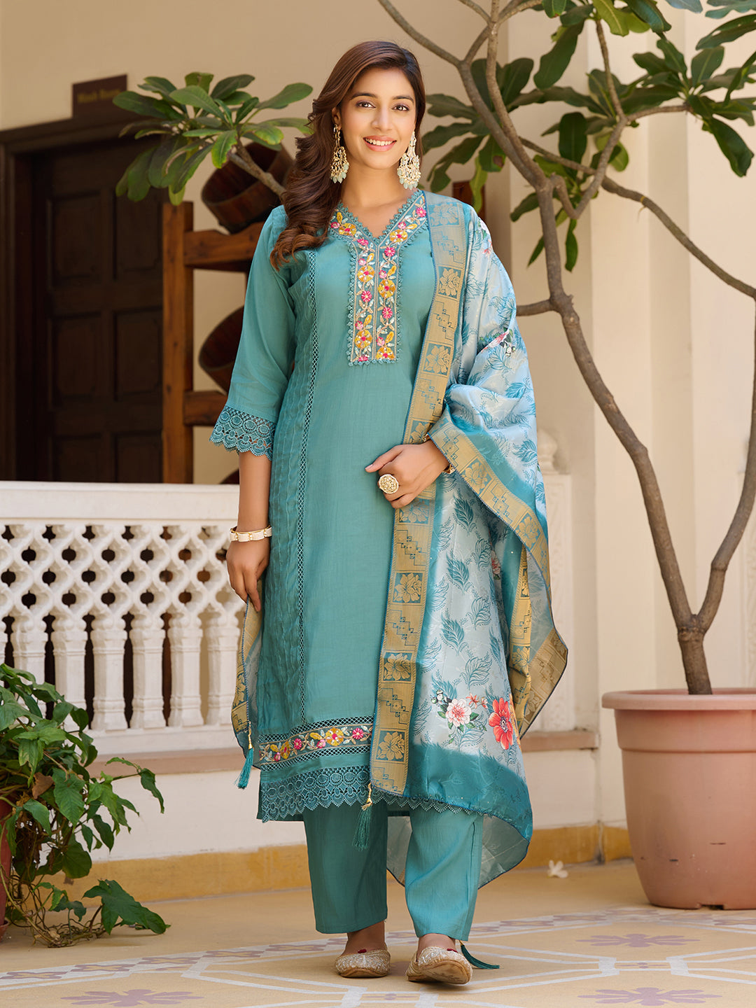 Embroidered Kurta With Pant & Embroidered Dupatta, Blue - Hiral Fashion | Grocsy