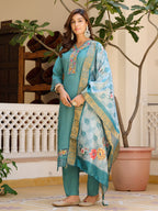 Embroidered Kurta With Pant & Embroidered Dupatta, Blue - Hiral Fashion | Grocsy