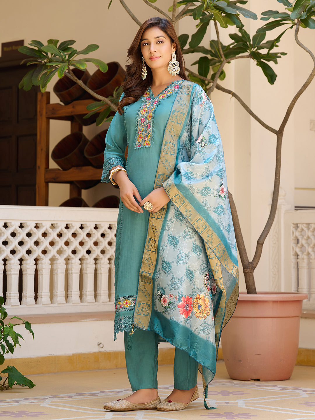 Embroidered Kurta With Pant & Embroidered Dupatta, Blue - Hiral Fashion | Grocsy