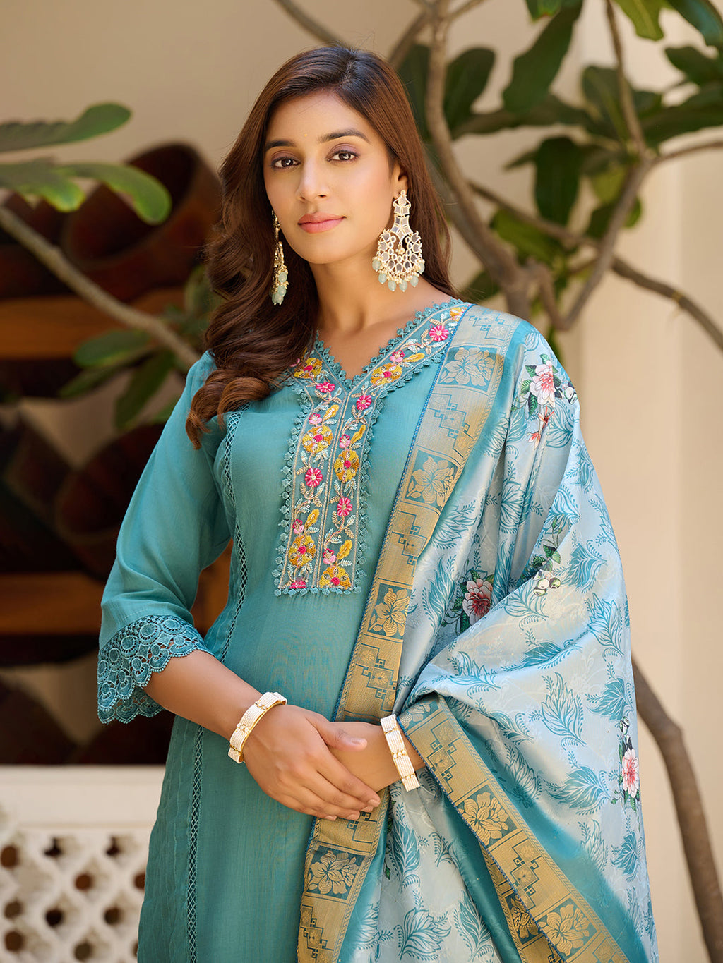 Embroidered Kurta With Pant & Embroidered Dupatta, Blue - Hiral Fashion | Grocsy