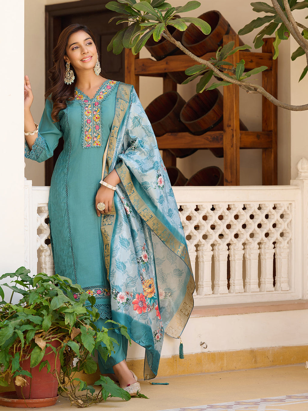Embroidered Kurta With Pant & Embroidered Dupatta, Blue - Hiral Fashion | Grocsy