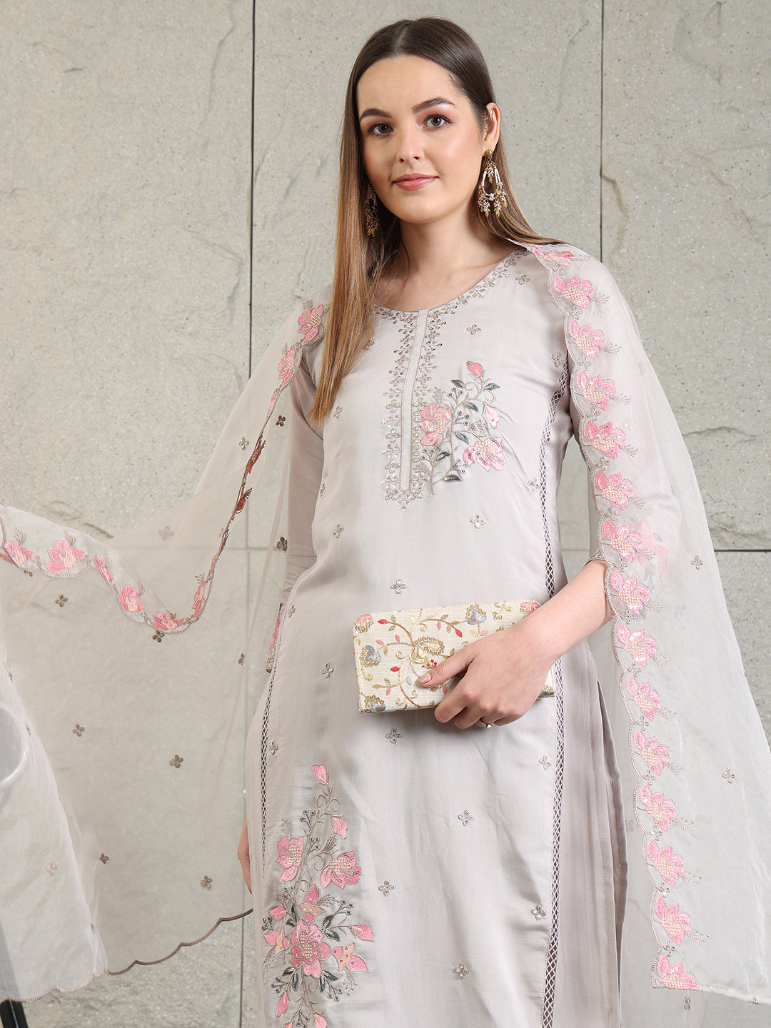 Embroidered Kurta With Pant & Organza Embroidered Dupatta, Grey - Hiral Fashion | Grocsy