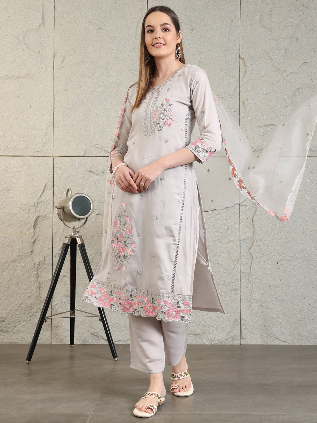 Embroidered Kurta With Pant & Organza Embroidered Dupatta, Grey - Hiral Fashion | Grocsy