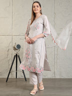 Embroidered Kurta With Pant & Organza Embroidered Dupatta, Grey - Hiral Fashion | Grocsy