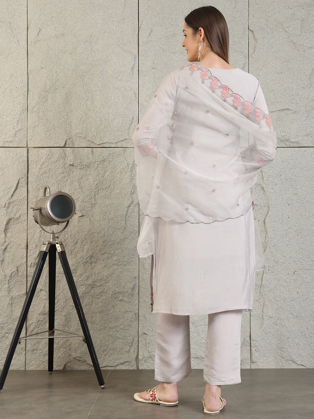 Embroidered Kurta With Pant & Organza Embroidered Dupatta, Grey - Hiral Fashion | Grocsy
