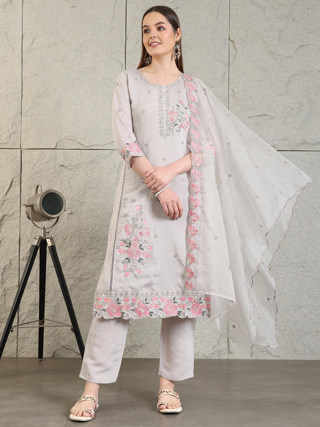 Embroidered Kurta With Pant & Organza Embroidered Dupatta, Grey - Hiral Fashion | Grocsy