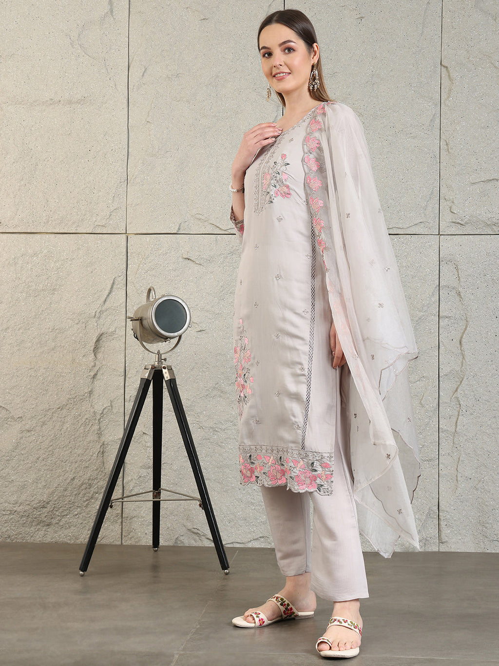 Embroidered Kurta With Pant & Organza Embroidered Dupatta, Grey - Hiral Fashion | Grocsy