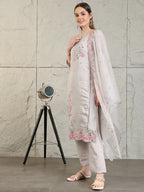 Embroidered Kurta With Pant & Organza Embroidered Dupatta, Grey - Hiral Fashion | Grocsy