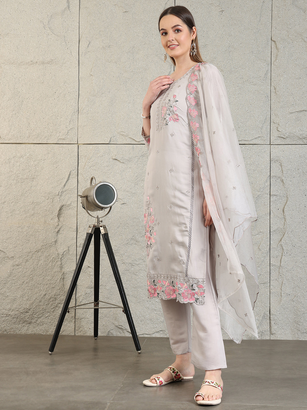 Embroidered Kurta With Pant & Organza Embroidered Dupatta, Grey - Hiral Fashion | Grocsy