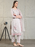 Embroidered Kurta With Pant & Organza Embroidered Dupatta, Grey - Hiral Fashion | Grocsy
