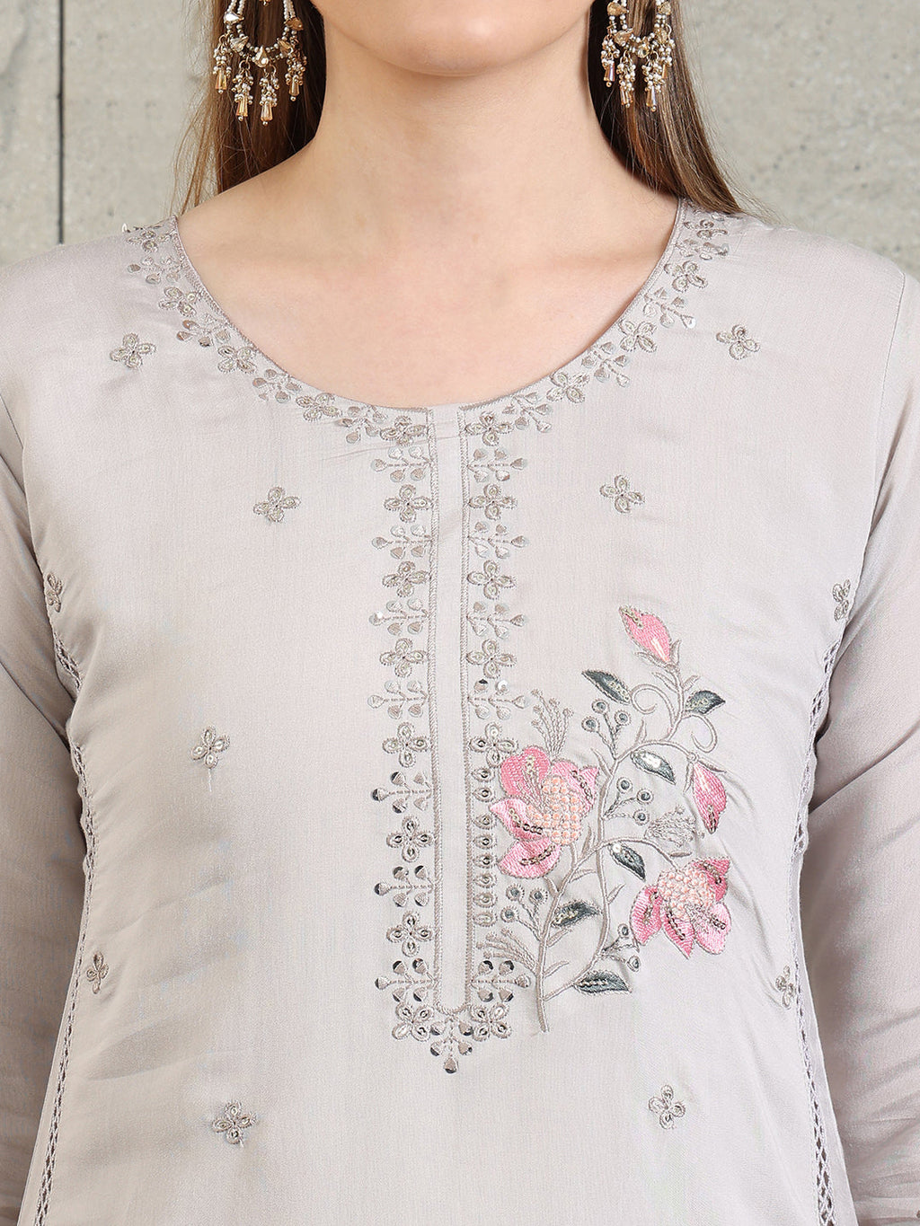 Embroidered Kurta With Pant & Organza Embroidered Dupatta, Grey - Hiral Fashion | Grocsy