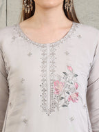 Embroidered Kurta With Pant & Organza Embroidered Dupatta, Grey - Hiral Fashion | Grocsy