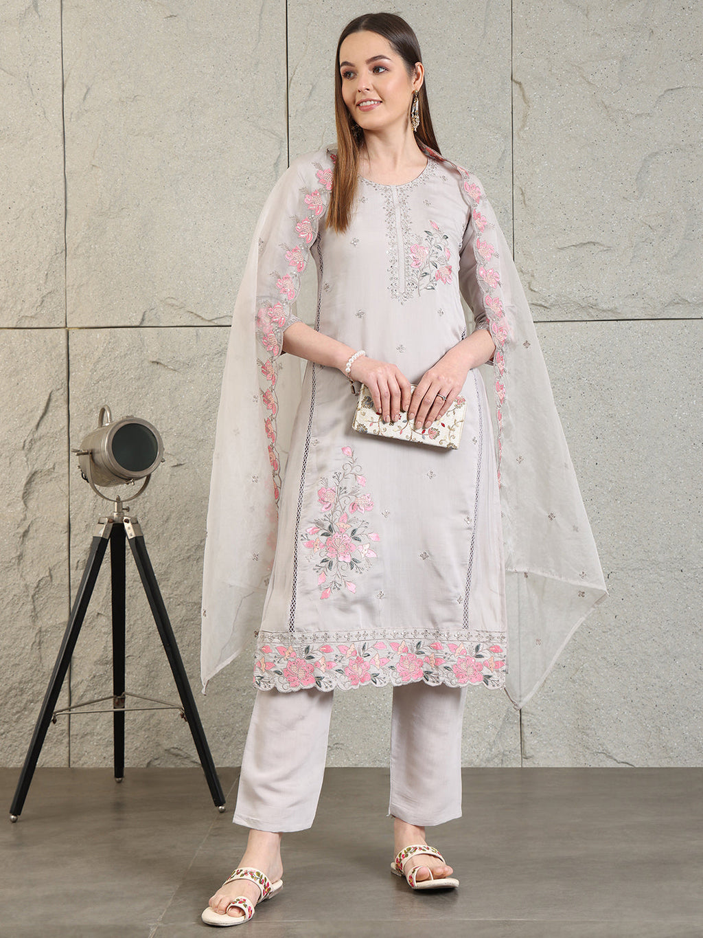 Embroidered Kurta With Pant & Organza Embroidered Dupatta, Grey - Hiral Fashion | Grocsy