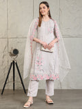 Embroidered Kurta With Pant & Organza Embroidered Dupatta, Grey - Hiral Fashion | Grocsy