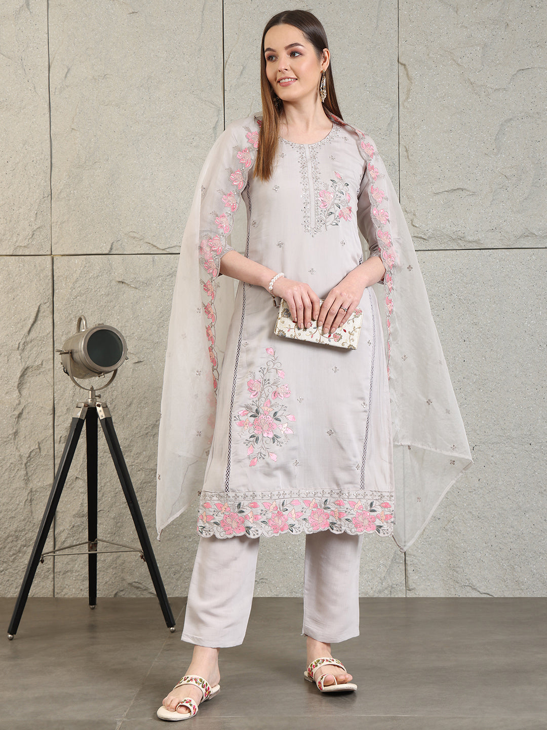 Embroidered Kurta With Pant & Organza Embroidered Dupatta, Grey - Hiral Fashion | Grocsy