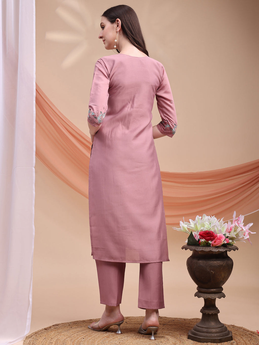 Embroidered Kurta With Pant & Organza Embroidered Dupatta, Pink - Hiral Fashion | Grocsy