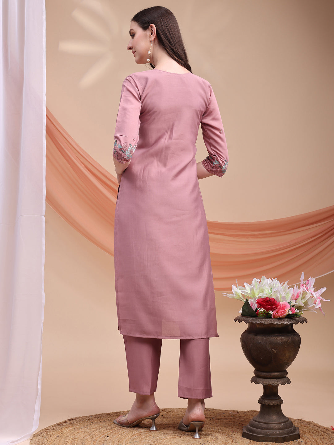 Embroidered Kurta With Pant & Organza Embroidered Dupatta, Pink - Hiral Fashion | Grocsy