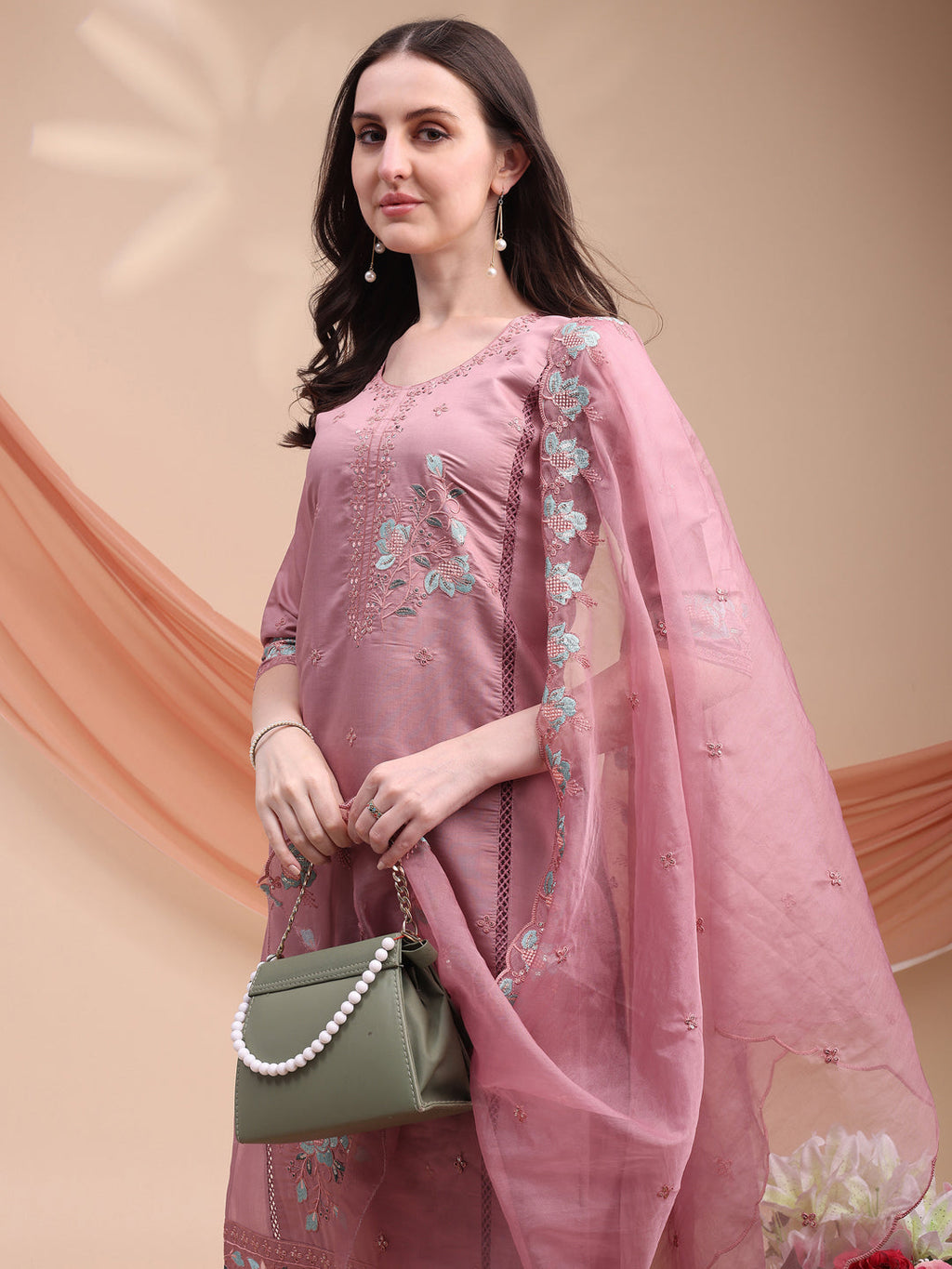 Embroidered Kurta With Pant & Organza Embroidered Dupatta, Pink - Hiral Fashion | Grocsy