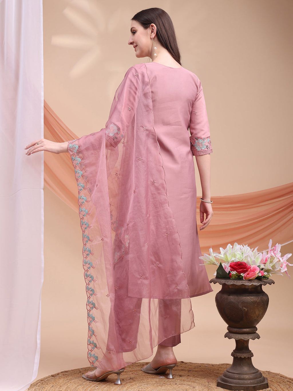 Embroidered Kurta With Pant & Organza Embroidered Dupatta, Pink - Hiral Fashion | Grocsy