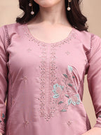 Embroidered Kurta With Pant & Organza Embroidered Dupatta, Pink - Hiral Fashion | Grocsy