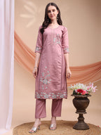 Embroidered Kurta With Pant & Organza Embroidered Dupatta, Pink - Hiral Fashion | Grocsy