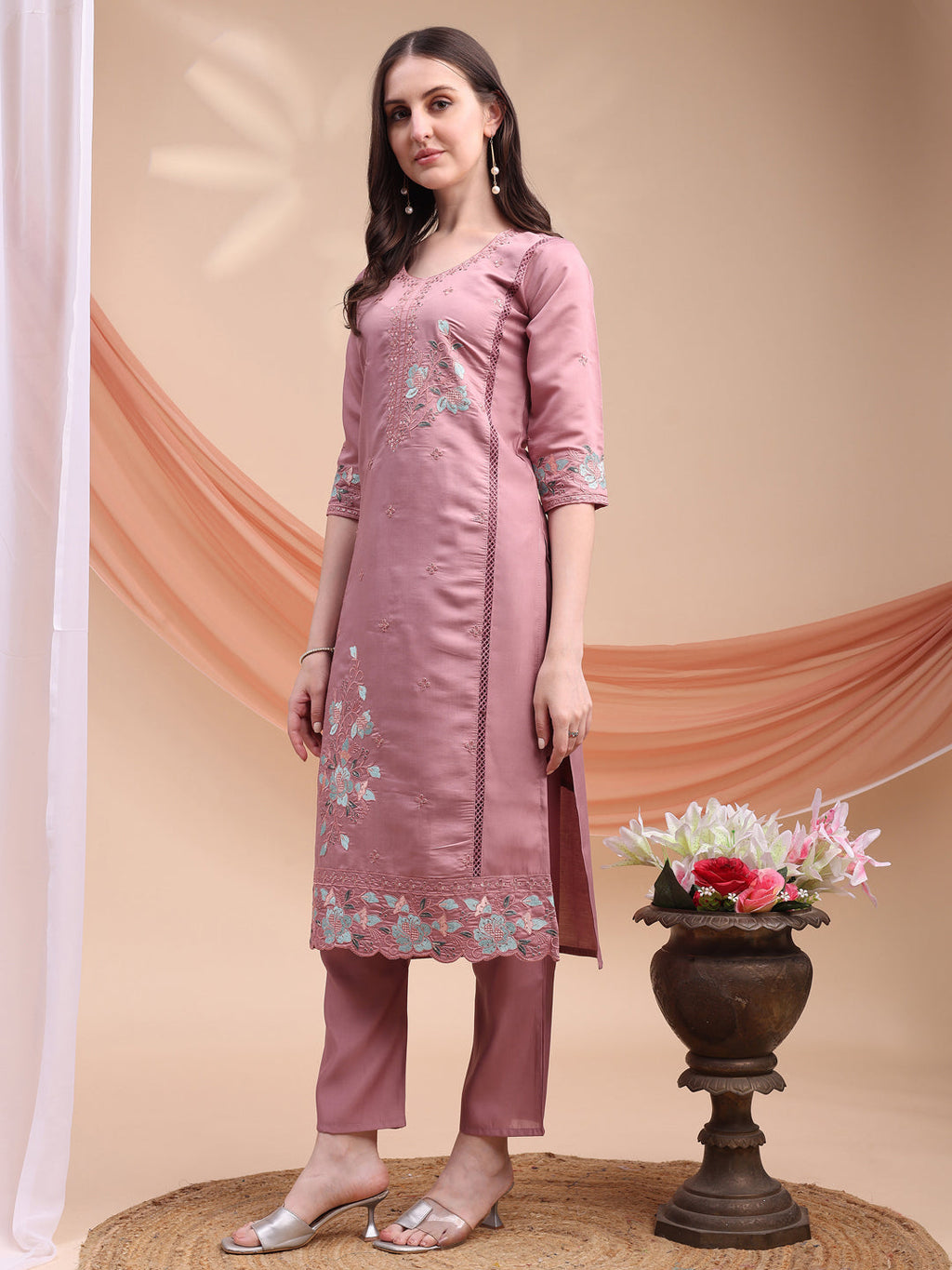 Embroidered Kurta With Pant & Organza Embroidered Dupatta, Pink - Hiral Fashion | Grocsy
