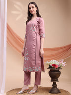 Embroidered Kurta With Pant & Organza Embroidered Dupatta, Pink - Hiral Fashion | Grocsy