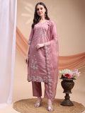Embroidered Kurta With Pant & Organza Embroidered Dupatta, Pink - Hiral Fashion | Grocsy