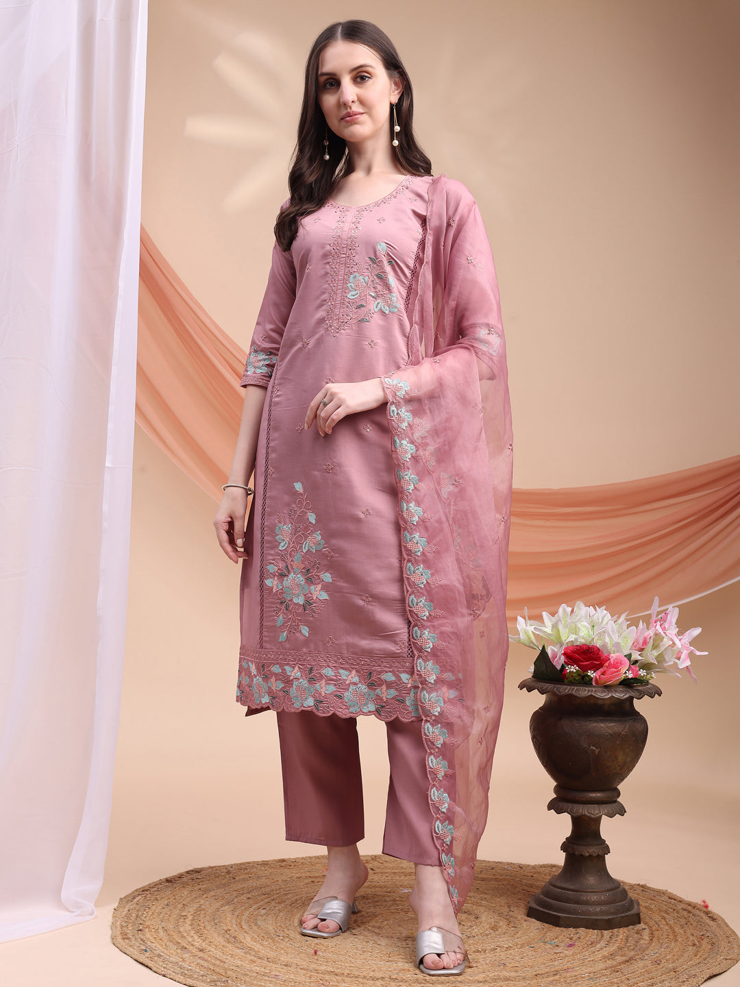 Embroidered Kurta With Pant & Organza Embroidered Dupatta, Pink - Hiral Fashion | Grocsy