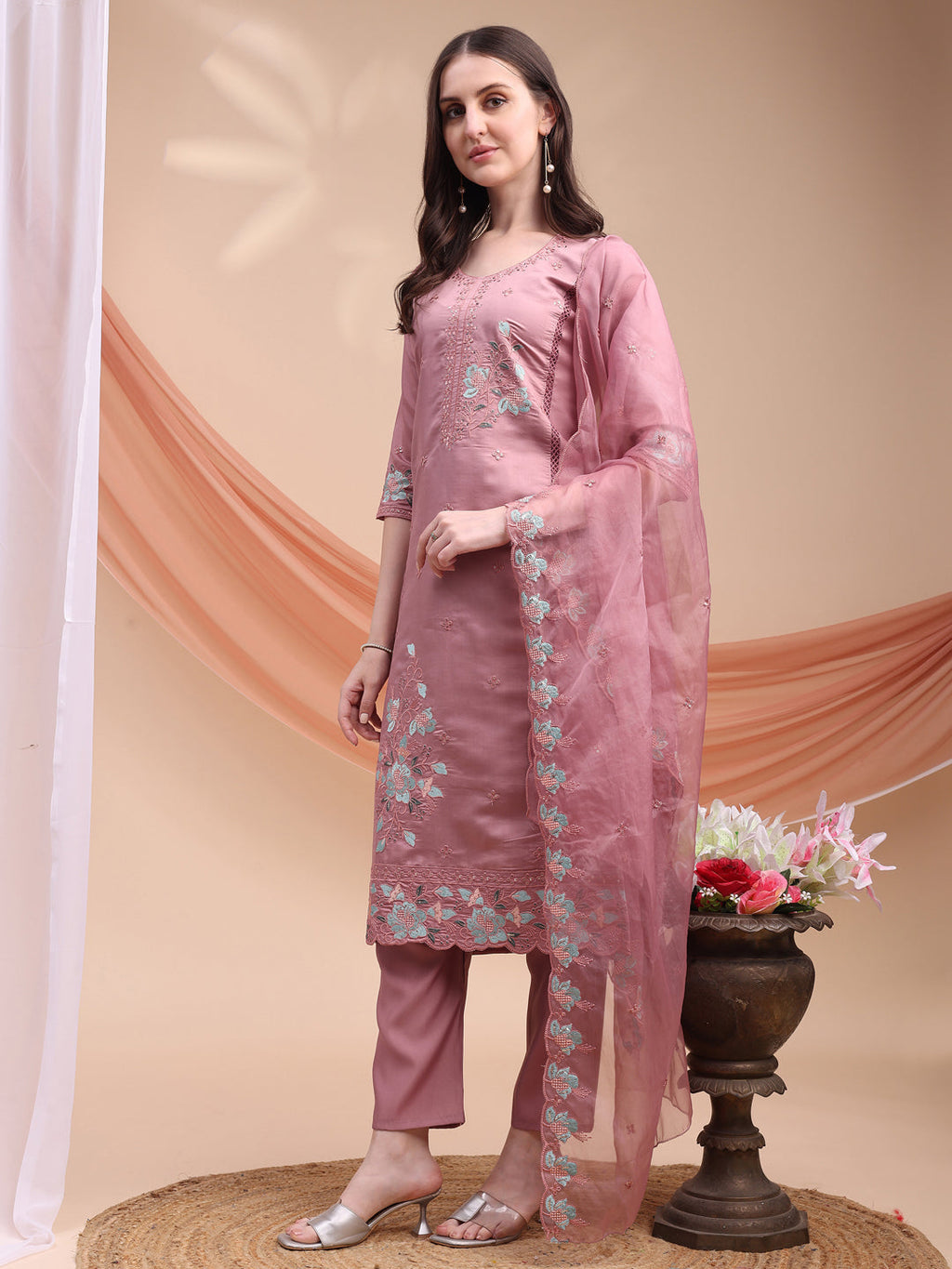 Embroidered Kurta With Pant & Organza Embroidered Dupatta, Pink - Hiral Fashion | Grocsy