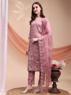 Embroidered Kurta With Pant & Organza Embroidered Dupatta, Pink - Hiral Fashion | Grocsy