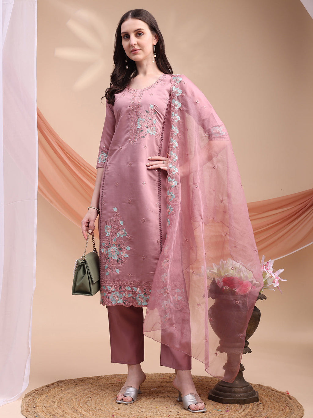 Embroidered Kurta With Pant & Organza Embroidered Dupatta, Pink - Hiral Fashion | Grocsy