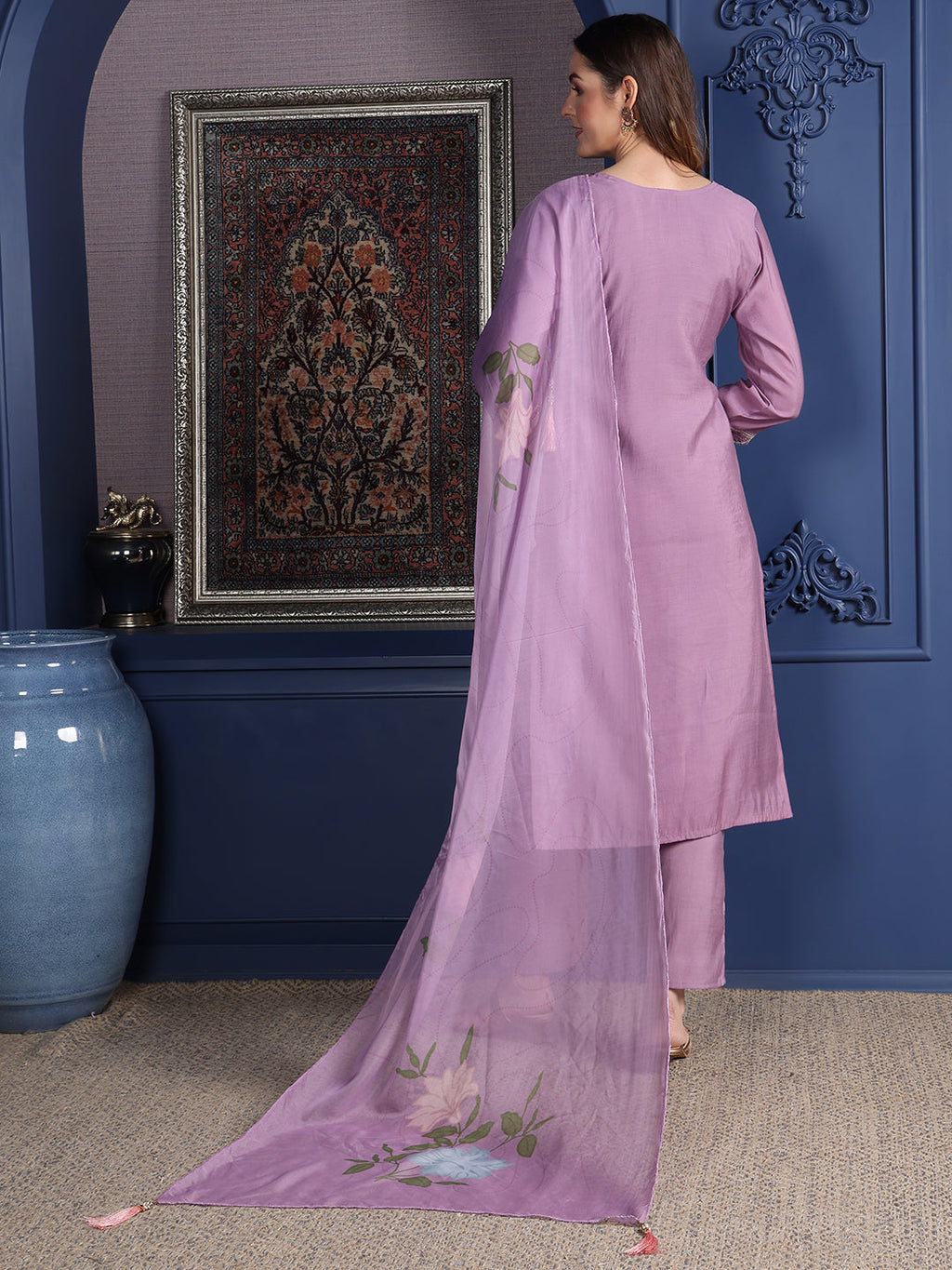 Placement Embroidered Kurta With Pant & Organza Printed Dupatta, Lavender - Hiral Fashion | Grocsy