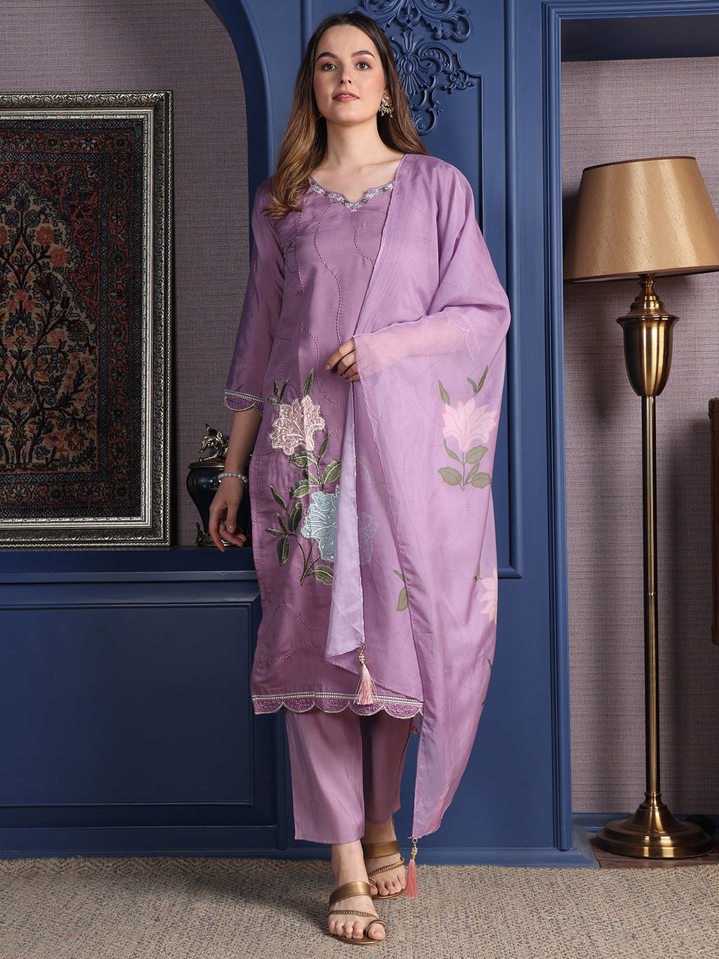Placement Embroidered Kurta With Pant & Organza Printed Dupatta, Lavender - Hiral Fashion | Grocsy