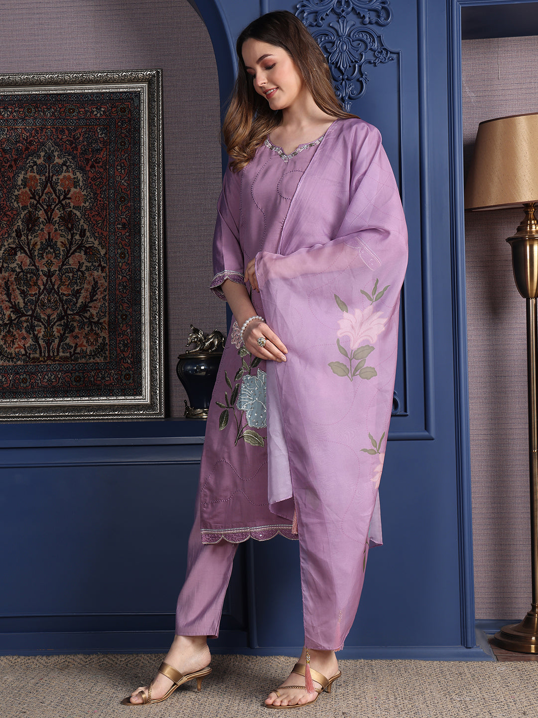 Placement Embroidered Kurta With Pant & Organza Printed Dupatta, Lavender - Hiral Fashion | Grocsy
