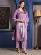Placement Embroidered Kurta With Pant & Organza Printed Dupatta, Lavender - Hiral Fashion | Grocsy