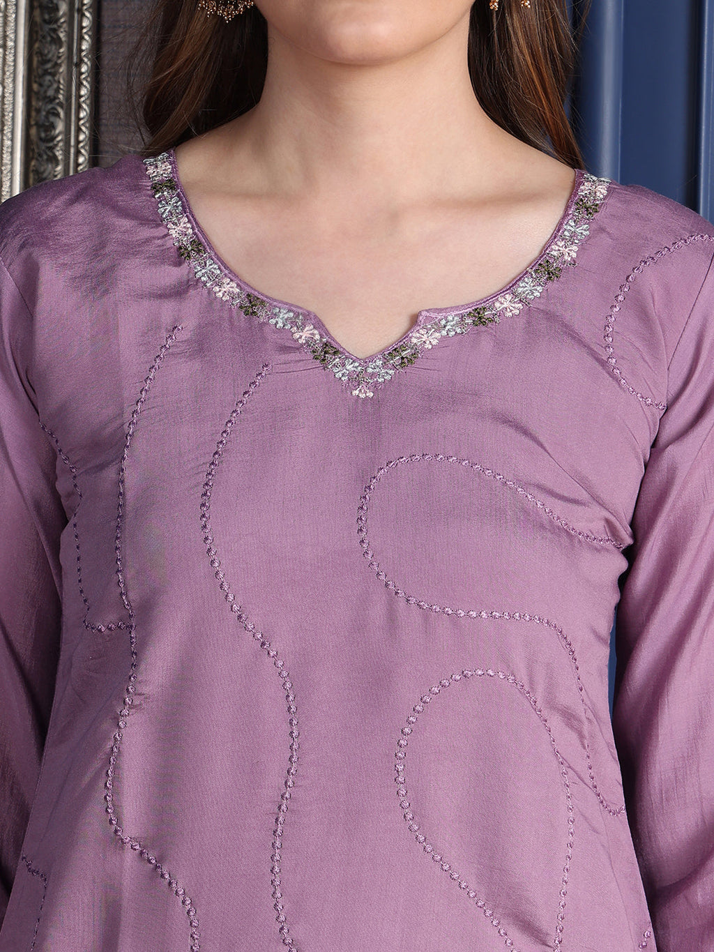 Placement Embroidered Kurta With Pant & Organza Printed Dupatta, Lavender - Hiral Fashion | Grocsy
