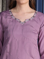 Placement Embroidered Kurta With Pant & Organza Printed Dupatta, Lavender - Hiral Fashion | Grocsy