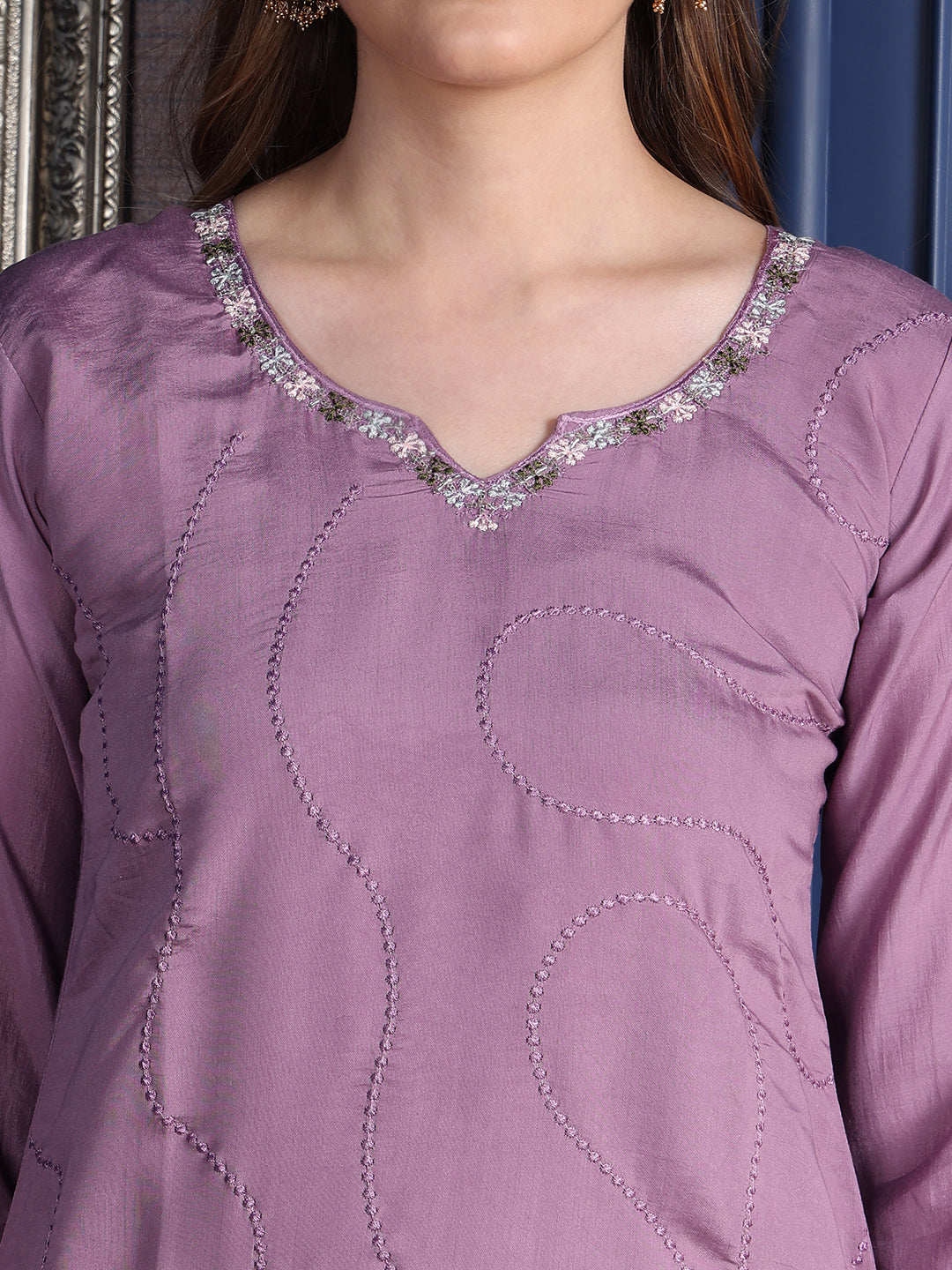 Placement Embroidered Kurta With Pant & Organza Printed Dupatta, Lavender - Hiral Fashion | Grocsy