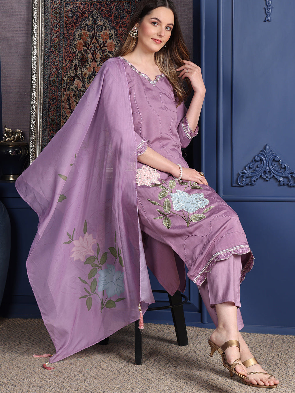 Placement Embroidered Kurta With Pant & Organza Printed Dupatta, Lavender - Hiral Fashion | Grocsy