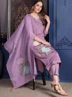 Placement Embroidered Kurta With Pant & Organza Printed Dupatta, Lavender - Hiral Fashion | Grocsy