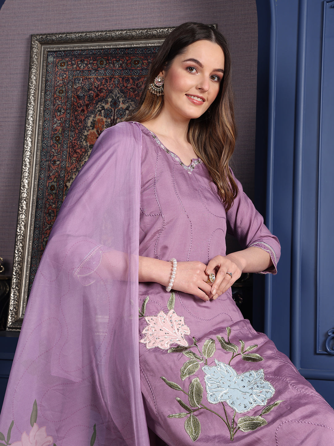 Placement Embroidered Kurta With Pant & Organza Printed Dupatta, Lavender - Hiral Fashion | Grocsy