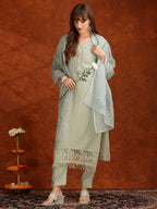 Artificial Flower & Lace Detailing Kurta With Pant & Dupatta, Green - Hiral Fashion | Grocsy